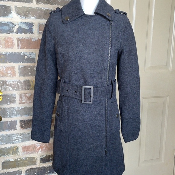 Ellen Tracy Charcoal Military Trench Overcoat Side Full Zip Belted Pea Coat Sz M - Picture 12 of 12